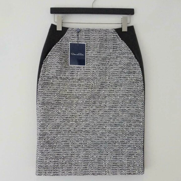 NWT OSCAR DE LA RENTA Black Leather & Boucle Twill Tweed Pencil Skirt 4 - Picture 1 of 5